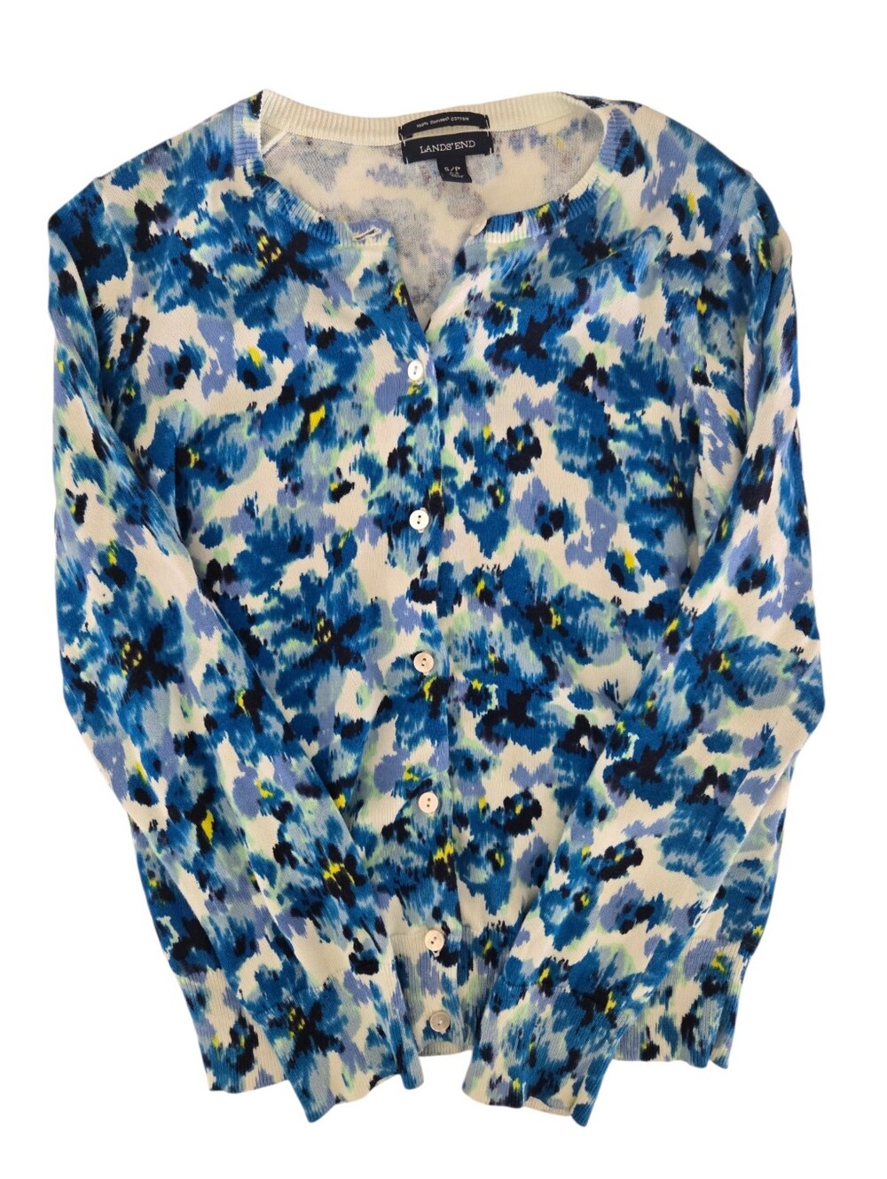 Land's End Cardigan Supima Cotton Blue White Watercolor Floral Print S 6-8
